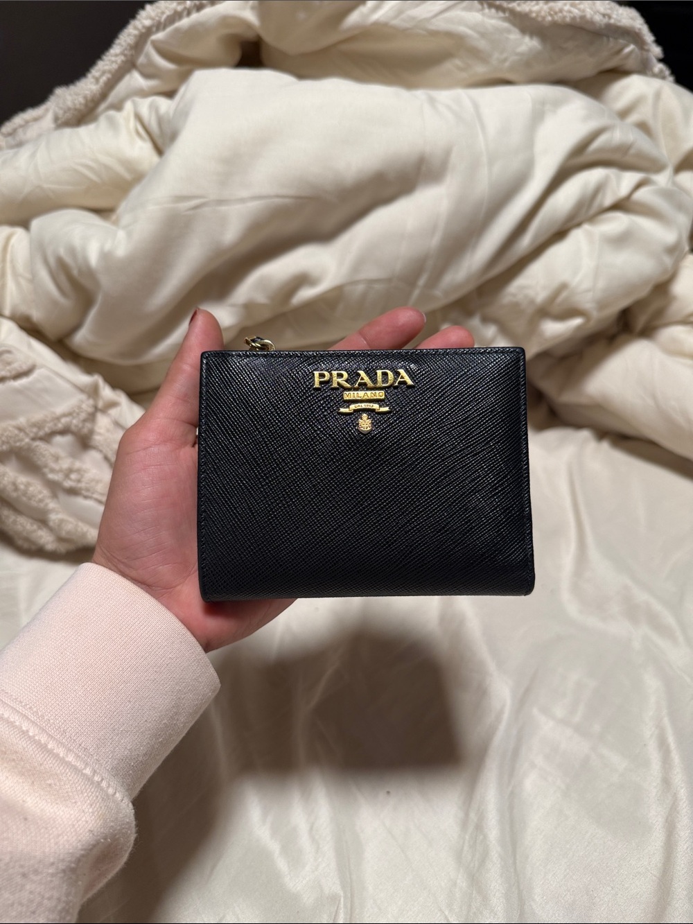 Prada Black Saffiano Leather Card & Coin Holder with Gold Logo